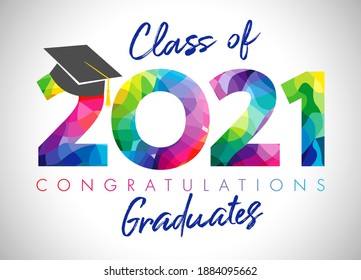 Class of 2021 year graduation banner, awards concept. Class off holiday colour invitation card. 3D digits 20, 21. Isolated abstract graphic design template. Brush stroke calligraphy. White background.
