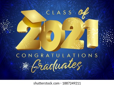 Class of 2021 year graduation banner, awards concept. Class off holiday invitation card. 3D golden digits 20, 21. Isolated abstract graphic design template. Brush stroke calligraphy. Night background.