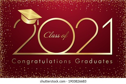 Class of 2021 year graduation banner, awards badge concept. Shiny sign, happy holiday invitation card, golden digits. Isolated abstract graphic design template. Greeting calligraphic text, gold frame.