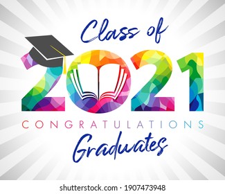 Class of 2021 year graduation banner. Class off holiday colour invitation card. 3D digits 20, 21 with open book. Isolated abstract graphic design template. Brush stroke calligraphy. White background.