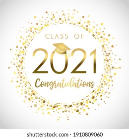 Class Of 2021 Year Graduation Banner, Awards Concept. Shiny Sign, Happy Holiday Invitation Card, Golden Circle. Isolated Abstract Graphic Design Template. Greeting Text, Round Ball, White Background.