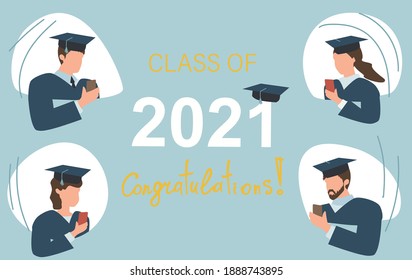 Class of 2021 year prepare for virtual graduation ceremonies. Graduate digitally. Congratulation. Students in academic cap. Graduates using mobile smartphone for reposting images and graduation text.