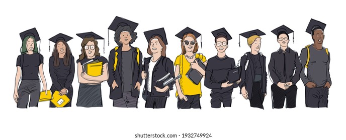 Class of 2021. Young students of different nations wearing mask. Dressed in dark tones with graduation hats. Happy students with backpacks and books. Vector illustration on white background, isolated.