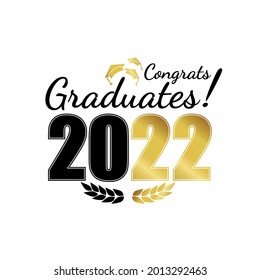 Class of 2022. Black gold number with education academic cap and laurel wreath on white. Template for graduation design, high school or college congratulation graduate, yearbook. Vector illustration.