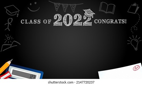 Class of 2022 Congrats, pencil and chalk drawn on blackboard. Vector illustration