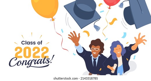 Class of 2022. Congratulation graduates. Two happy college graduates throwing academic caps vector illustration. Concept for banner, poster, party and event invitation. Vector illustration.