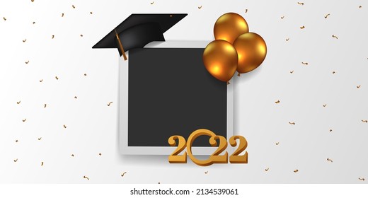 Klasse der 2022 Gratulation Graduierung mit goldenem Ballon mit Foto-Rahmen-Banner-Vorlage