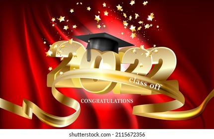 Clase de 2022 felicitación, ilustración vectorial de tarjeta de saludo. Cartel de graduación de 2022 con número brillante de oro y sombrero de graduación, logro de la educación, alegre cartel rojo invitación a vacaciones