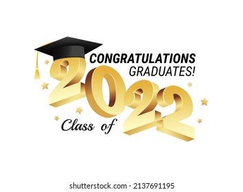 Clase de 2022. Felicidades a los graduados por el concepto de graduación de oro con texto 3d y elementos decorativos. Plantilla de diseño de tipografía de graduación. Graduados de felicitaciones Ilustración vectorial de estilo plano