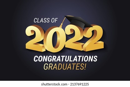 Class of 2022. Congratulations graduates gold graduation concept with 3d text and decorative elements. Graduation typography design template. Congrats graduates Flat style vector illustration