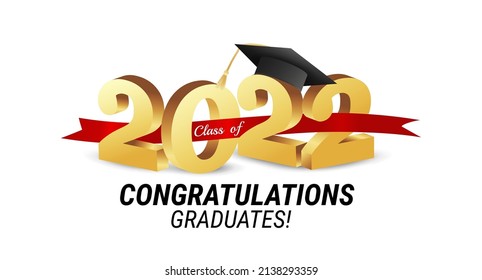 Class of 2022. Congratulations graduates gold graduation concept with 3d text and decorative elements. Graduation typography design template. Congrats graduates Flat style vector illustration