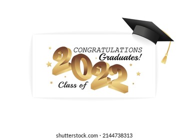 Class of 2022. Congratulations graduates gold graduation concept with 3d text and decorative elements. Graduation typography design template. Congrats graduates Flat style vector illustration