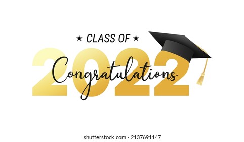 Clase de 2022. Felicitaciones a los graduados concepto de graduación para banner, tarjeta de saludo, sello, logo, impresión, invitación. Plantilla de diseño de tipografía de oro de graduación. Ilustración vectorial de estilo plano