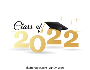 Class of 2022. Congratulations graduates graduation concept for banner, greeting card, stamp, logo, print, invitation. Graduation gold typography design template. Flat style vector illustration