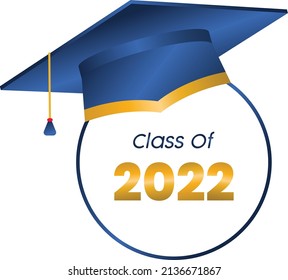 Class of 2022 design template with academic cap. Congratulations graduates banner with gold typography. Colored flat vector illustration isolated on white background.