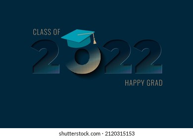 Clase de Logotipo de Numerales atenuados y cortados 2022 con efecto de semitono de oro de título académico cuadrado y letras de grado feliz - dorado y multicolor en fondo azul - Diseño gráfico mixto vectorial

