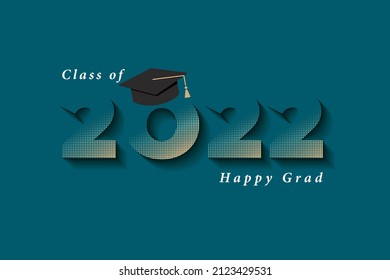Class of 2022 Fading Numerals Logo with Square Academic Cap Golden Halftone Effect and Happy Grad Lettering - Gold on Blue Background - Vector Mixed Graphic Design
