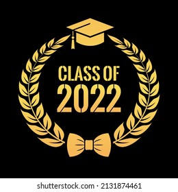 Class of 2022 gold emblem, vector senior class graduation sign isolated on black background