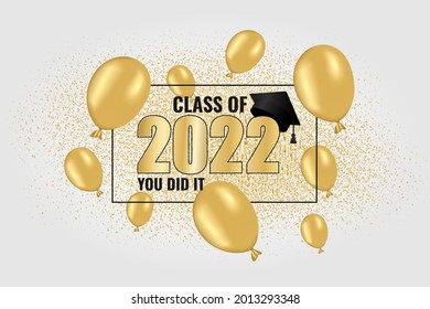 Class of 2022. Gold number with thrown up black education academic cap and golden balloon. Template for graduation design Vector illustration.