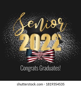 Class of 2022. Golden number and text Senior with thrown up black education academic cap and men bow tie USA flag texture on black background. Template for graduation design. Vector illustration.