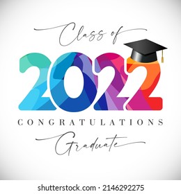 Class of 2022 graduating sign, Back To School greeting card idea. Stained multi colored numbers and handwriting style text. Isolated abstract graphic design template. Class off internet icon concept. 