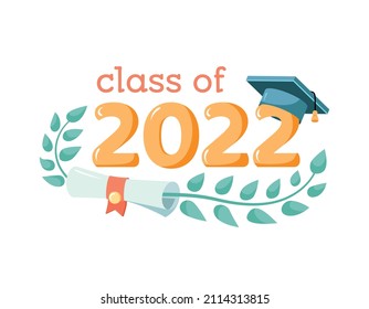Class of 2022 with graduation cap. Template for high school or college party design, graduation invitation or banner. Vector illustration in flat style