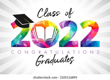 Class of 2022 graduation digits. Creative background. Class off holiday colour invitation banner. Stained-glass 20 22, open book. Isolated abstract graphic design template. Brush stroke calligraphy.