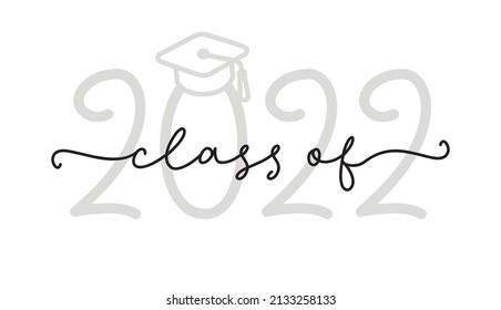 CLASS OF 2022. Graduation logo with cap and diploma for high school, college graduate. Template for graduation design, party. Hand drawn font for yearbook class of 2021. Vector illustration.
