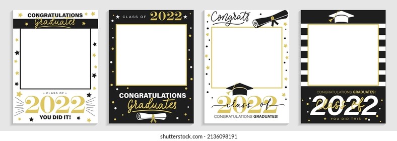 Class of 2022. Graduation party photo booth props set. Photo frame for grads with caps and scrolls. Congratulations graduates concept with lettering. Vector illustration. Gold and black grad design.