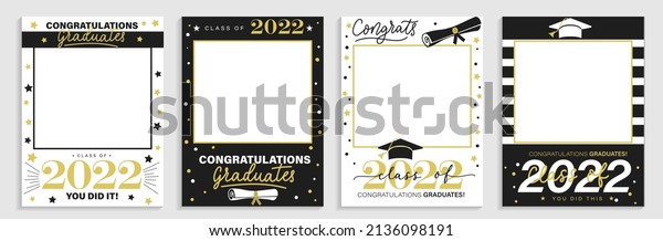 Class of 2022. Graduation party photo booth props\
set. Photo frame for grads with caps and scrolls. Congratulations\
graduates concept with lettering. Vector illustration. Gold and\
black grad design.