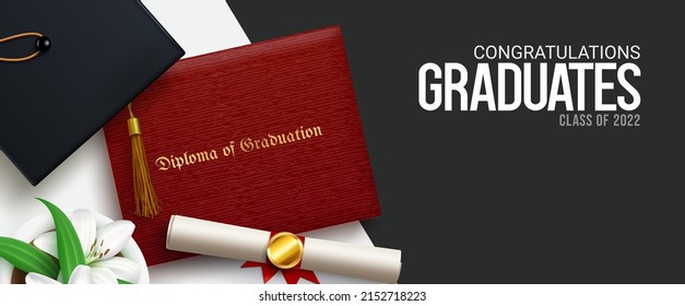 Class of 2022 graduation vector background design. Congratulations graduates text with diploma, holder and mortarboard cap in black and white decoration for ceremony celebration. Vector illustration.
