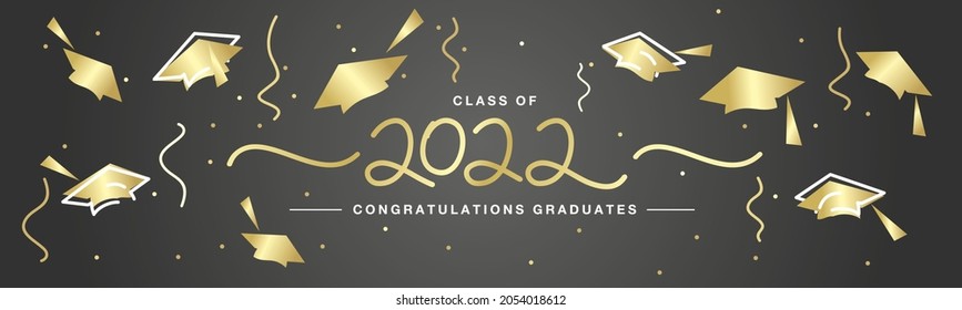 Class of 2022 handwritten line design typography lettering Congratulations graduates gold caps black background banner