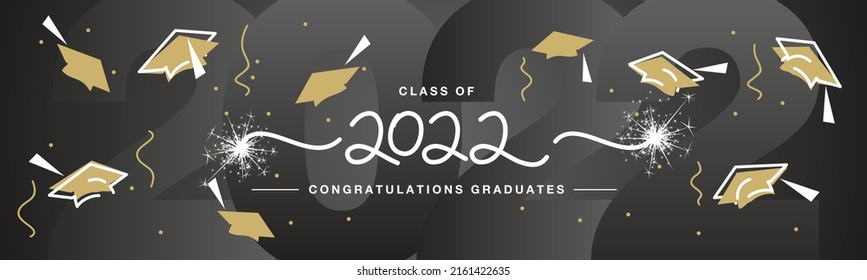 Class of 2022 handwritten typography lettering text Congratulations graduates line design white gold caps with abstract 2022 black background