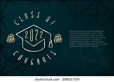 Class of 2022 Metallic Silver Style Square Academic Graduation Cap Combined with Single Line Numerals Logo Lettering - Chrome on Turquoise Background - Vector Gradient Graphic Design