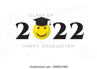 Class of 2022 Numerals Logo with Halftone Style Smiling Face Wearing Square Academic Cap and Happy Graduation Lettering - Yellow and Black on White Background - Vector Mixed Graphic Design