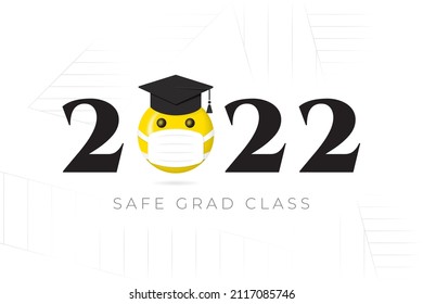 Class of 2022 Numerals Logo and Safe Graduation Lettering with Halftone Style Smiling Face Protected with Medical Mask - Yellow and Black on White Background - Vector Mixed Graphic Design