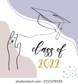 Class of 2022. One line art with student tossing up his graduation cap. Trendy one line draw design graphic vector illustration.