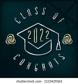 Clase de 2022 Tapón de graduación académica cuadrada de estilo metálico plateado combinado con la letra con logotipo de números de una sola línea - Turquesa sobre fondo oscuro - Diseño gráfico con degradado de vectores