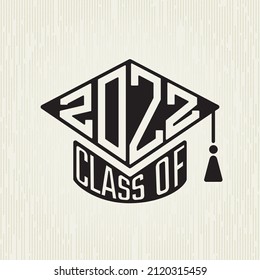 Class of 2022 Square Academic Graduation Cap Shape Sign Combined with Polygonal Numerals and Lettering Logo - Black on White Background - Vector Contrast Graphic Design