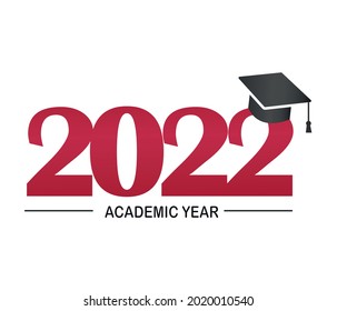 Class of 2022. Stylized inscription with the year and the realistic graduate's cap. Design for graduation themed template, simple style. Vector illustration. Isolated on white background.