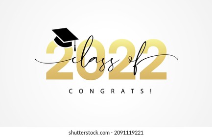 Class of 2022, word lettering script. Congrats Graduation lettering with academic cap, You did it banner. Template for design party high school or college, graduate invitations