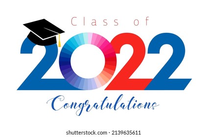 Class of 2022 year educational congrats. Class off happy holiday, invitating card. Red, blue and white colours, creative zero sign. Isolated abstract graphic design template. Digits 2022 logo concept.