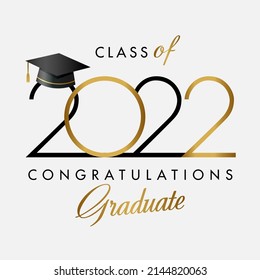  Class of 2022 year graduating creative congrats. Class off black and shiny golden number, calligraphy elements. Isolated abstract graphic design template. Mortarboard hat in 3D style, square bg.