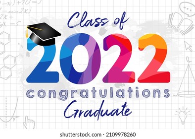 Class of 2022 year graduating greetings, congrats concept. Creative stained-glass digits, class off happy holiday invitation poster. Isolated abstract graphic design template. Notebook paper backdrop.