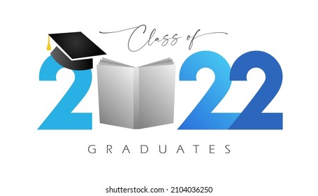 Class of 2022 year graduation banner. Class off or back to school idea. Creative 3D congrats. Blue digits 20 22.  Isolated abstract graphic design template. Brush stroke calligraphy. White background.