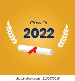 Class of 2022 year graduation banner, awards concept. Class off holiday invitation card. Colored flat vector illustration isolated on yellow background.