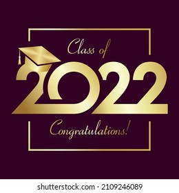 Class of 2022 year graduation square greetings. Class off creative idea. Golden 20 22, gold frame and calligraphic text. Isolated abstract graphic design template. Handwriting calligraphy.