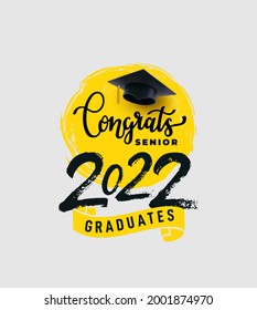 Class of 2022, you did it! Hand drawn brush black stripe and number with education realistic academic cap. Vector template for graduation party design, high school, college congratulation graduate.