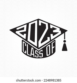 Class of 2023 Academic Graduation Square Cap Shape Sign Combined with Polygonal Numerals and Lettering Logo - Black on White Background - Vector Contrast Graphic Design