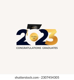 Class of 2023 badge design in black and gold colors. Template Congratulations graduates 2023 banner, poster, sticker card with academic hat for high school or college graduation. Vector illustration.